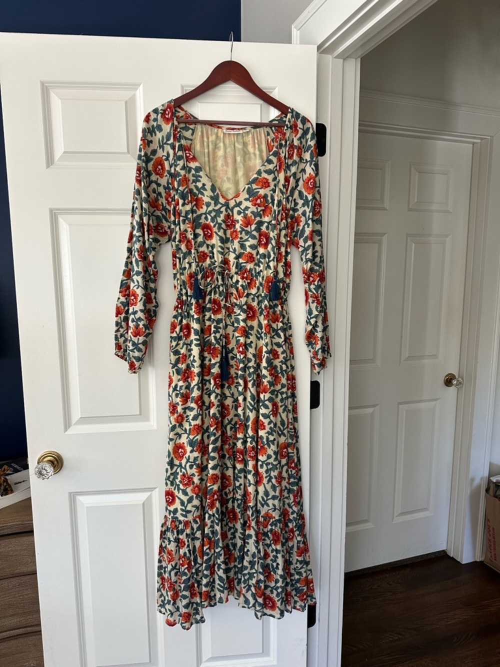 Roller Rabbit Cream Maxi Dress with Red and Green Floral Print